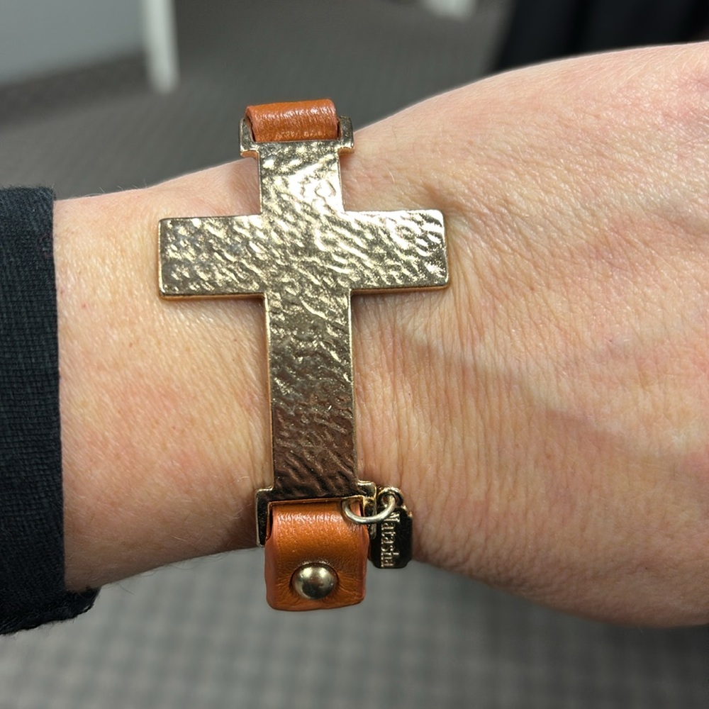 Gold Tone Cross Bracelet with Adjustable Brown Leather Strap Christian Jewelry - Picture 2 of 7